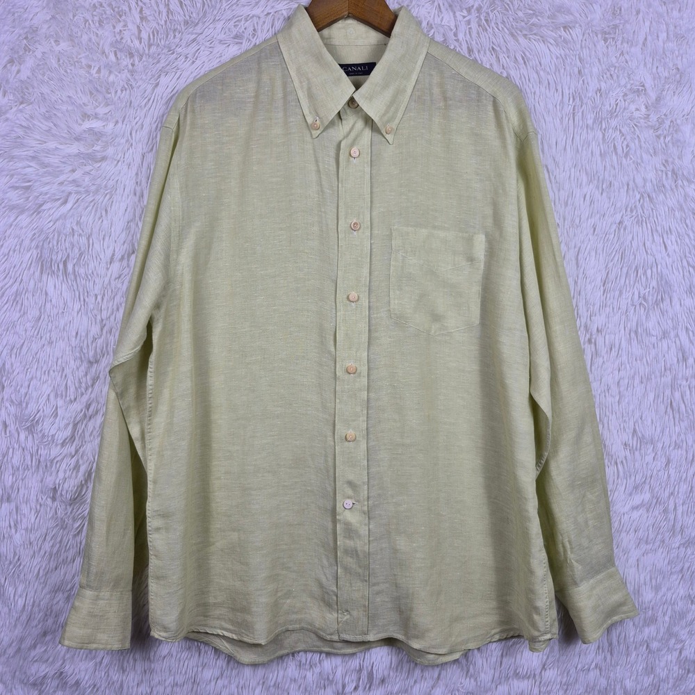 Canali Mens XL Linen Button Down Shirt Pale Yellow Long Sleeve Made in Italy